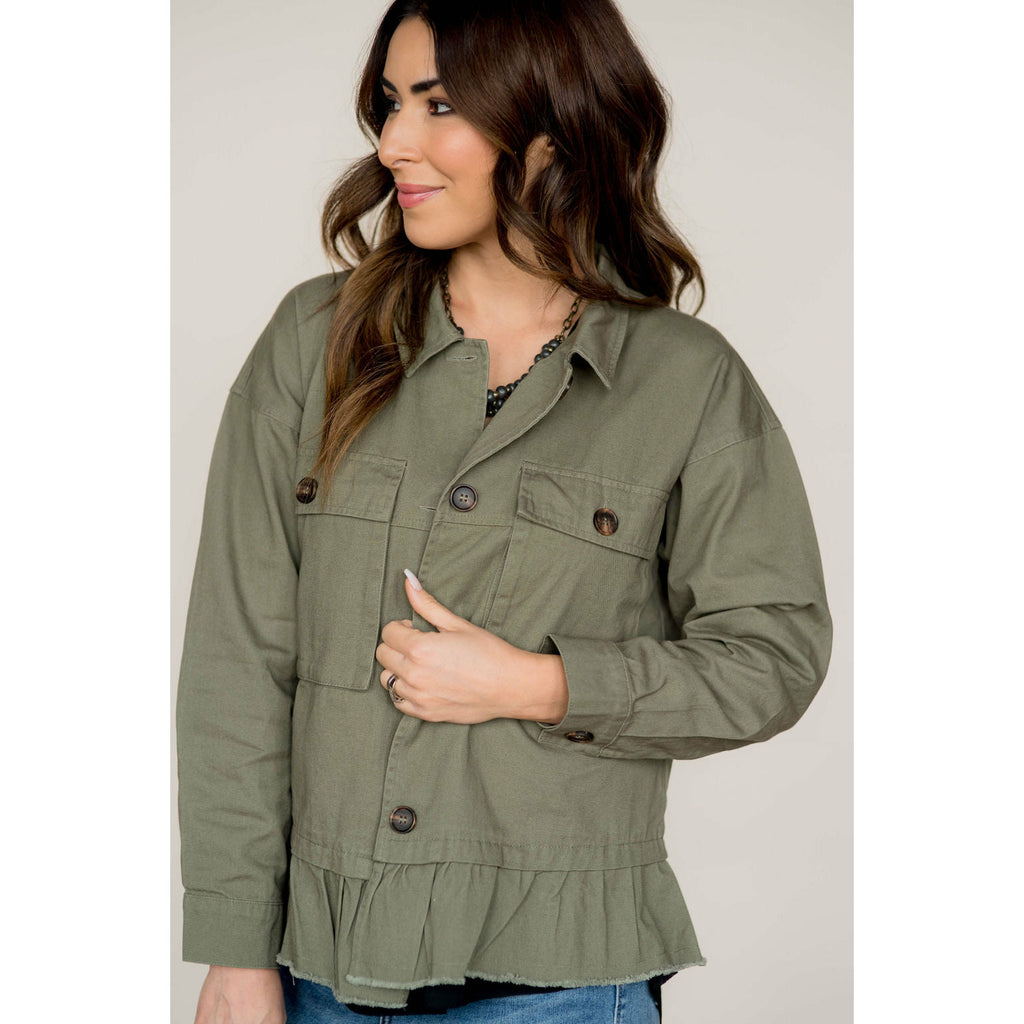 Ruffle Bottom Olive Green Jacket - Betsey's Boutique Shop