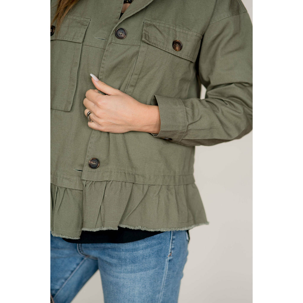 Ruffle Bottom Olive Green Jacket - Betsey's Boutique Shop