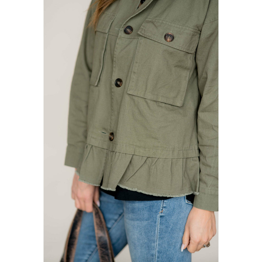 Ruffle Bottom Olive Green Jacket - Betsey's Boutique Shop