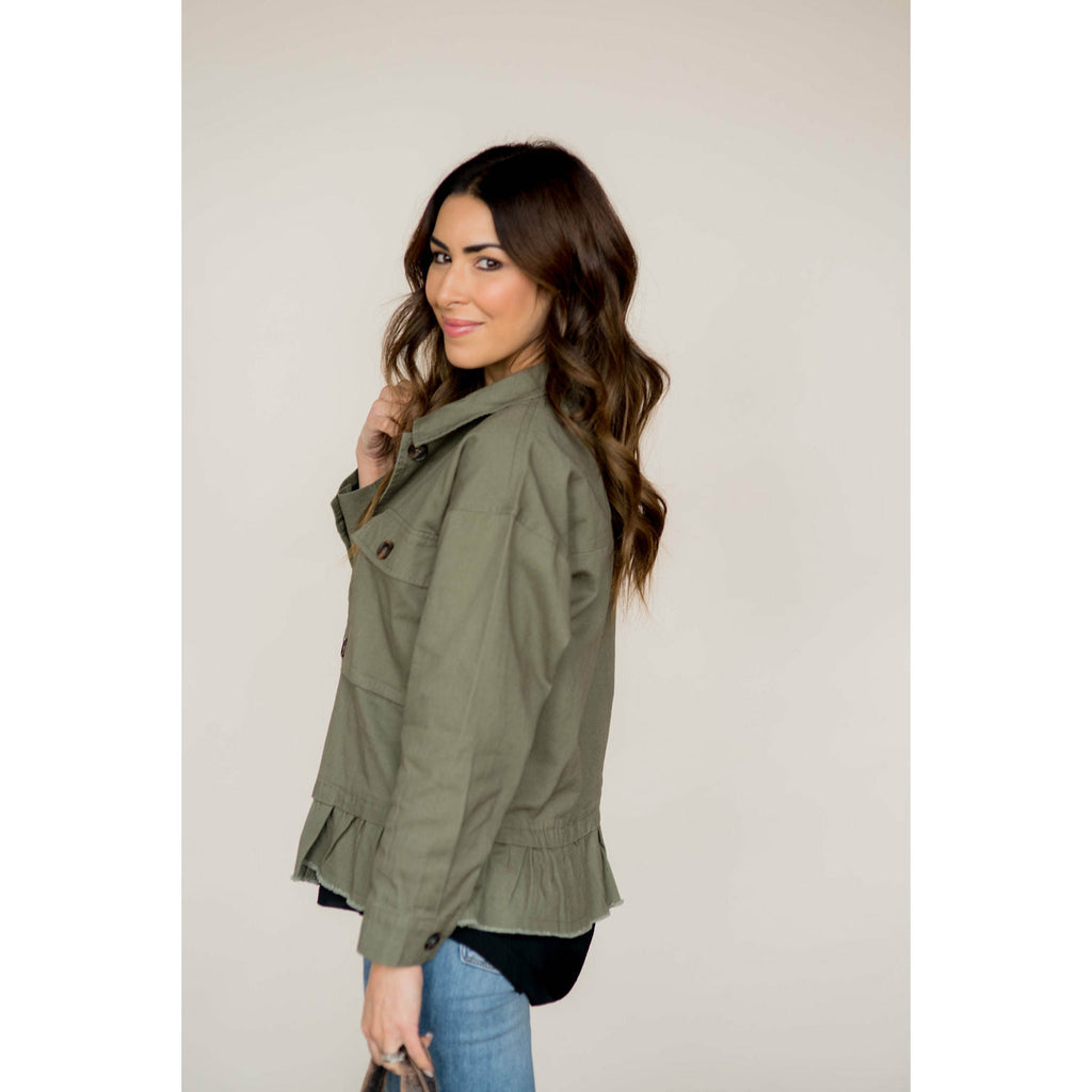 Ruffle Bottom Olive Green Jacket - Betsey's Boutique Shop