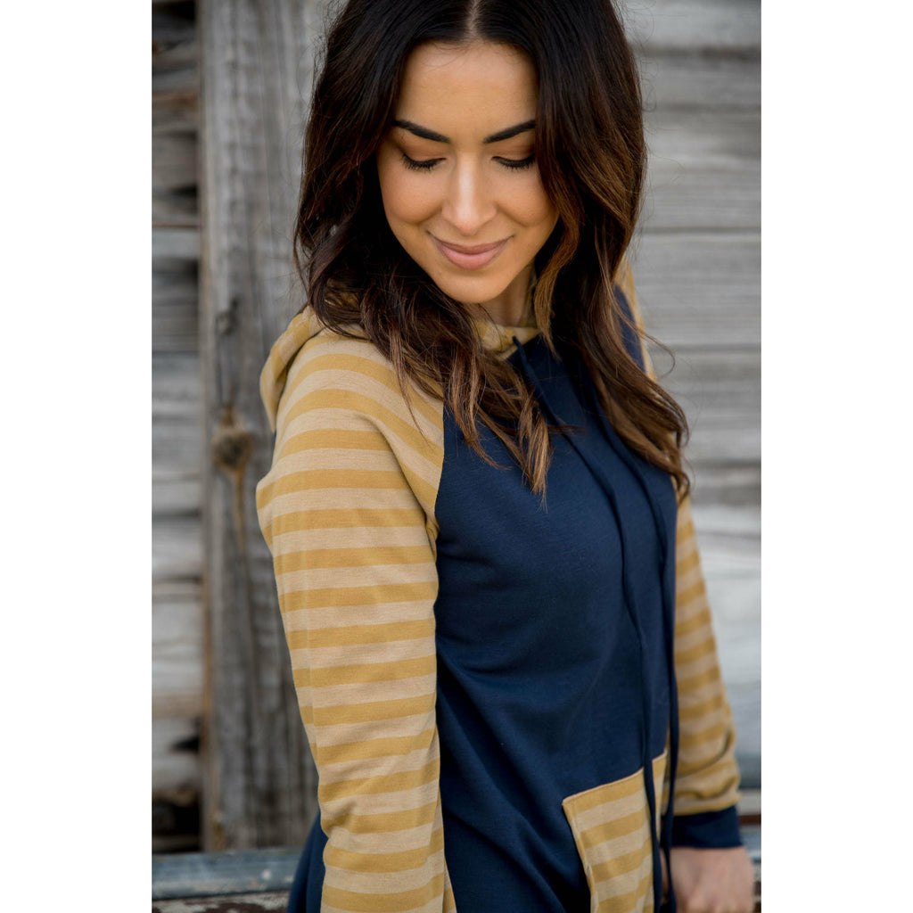 Striped Two Tone Sleeve/Pocket Hoodie - Betsey's Boutique Shop