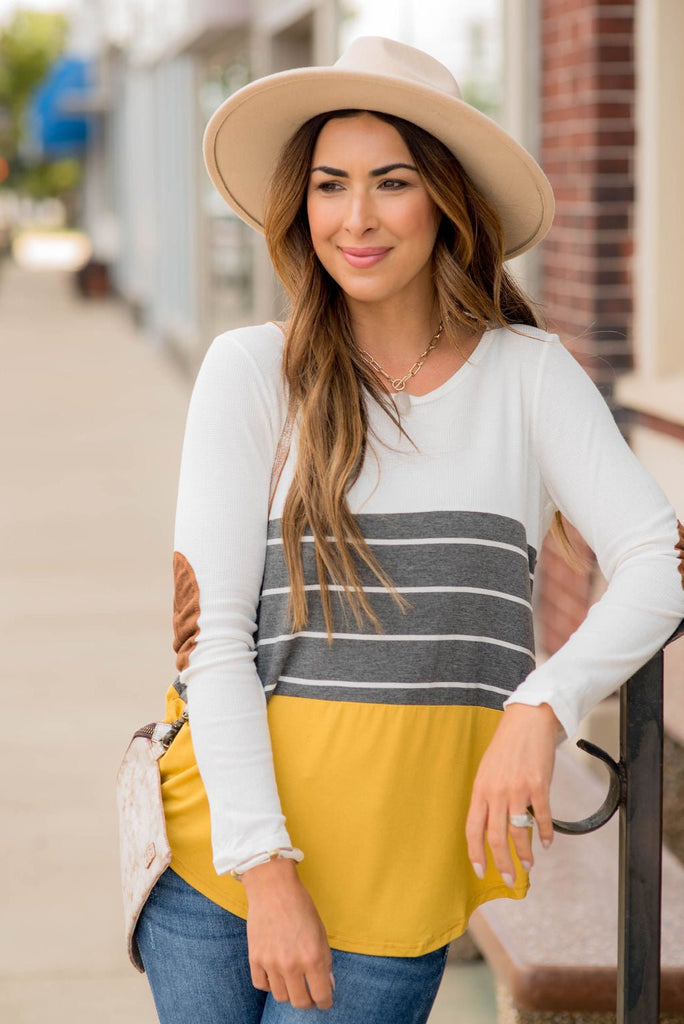 White/Striped/Solid Blocked Elbow Patch Tee - Betsey's Boutique Shop