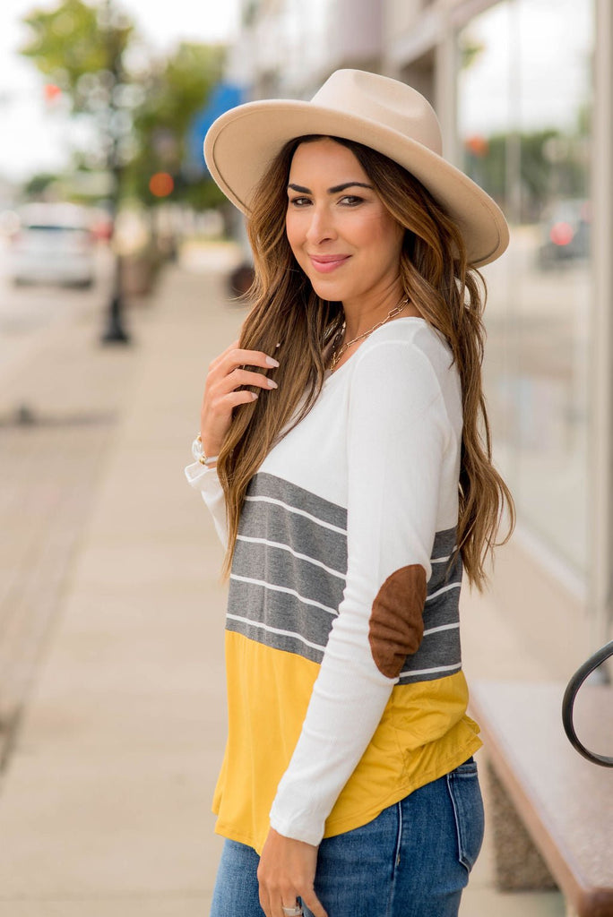 White/Striped/Solid Blocked Elbow Patch Tee - Betsey's Boutique Shop