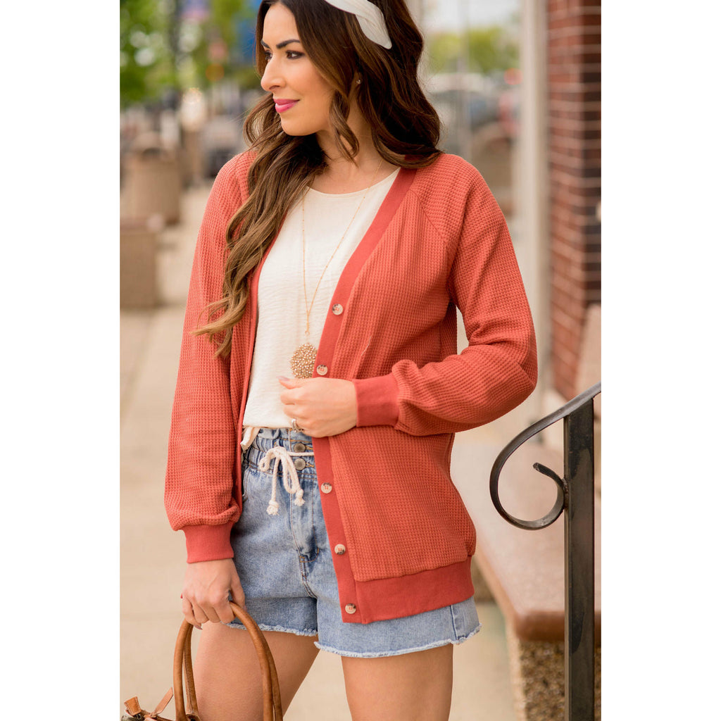 Waffle Button Accent Cardigan - Betsey's Boutique Shop