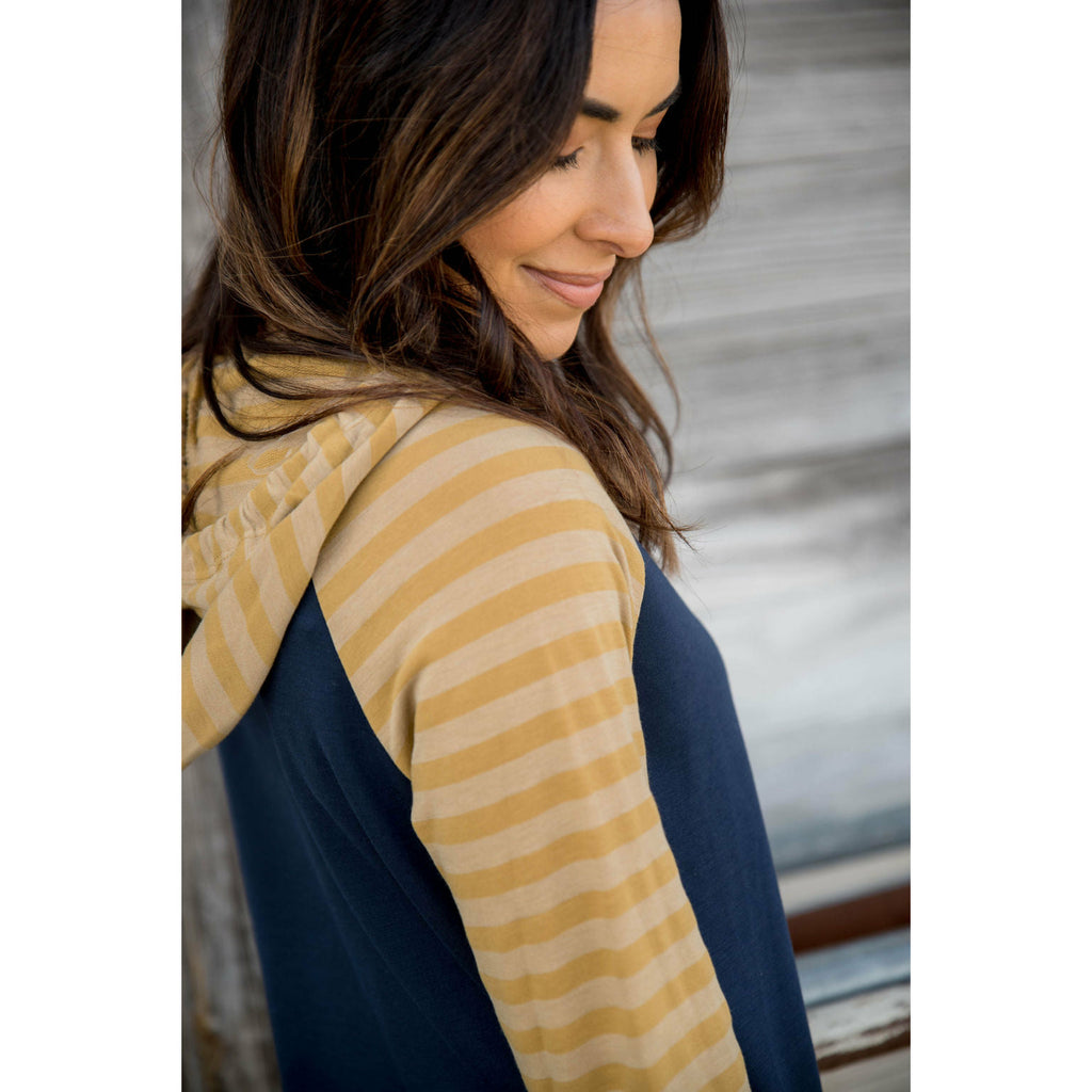 Striped Two Tone Sleeve/Pocket Hoodie - Betsey's Boutique Shop