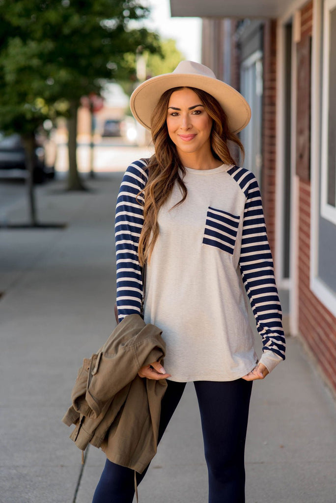 Striped Sleeve Pocket Sweatshirt - Betsey's Boutique Shop - Shirts & Tops