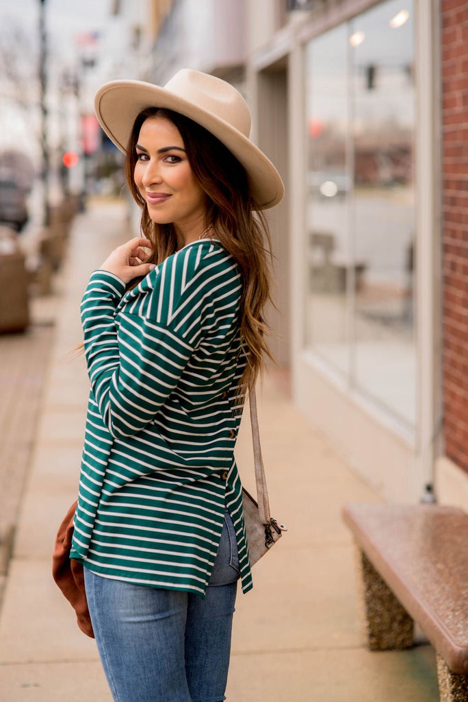 Striped Button Back Slit Tee - Betsey's Boutique Shop