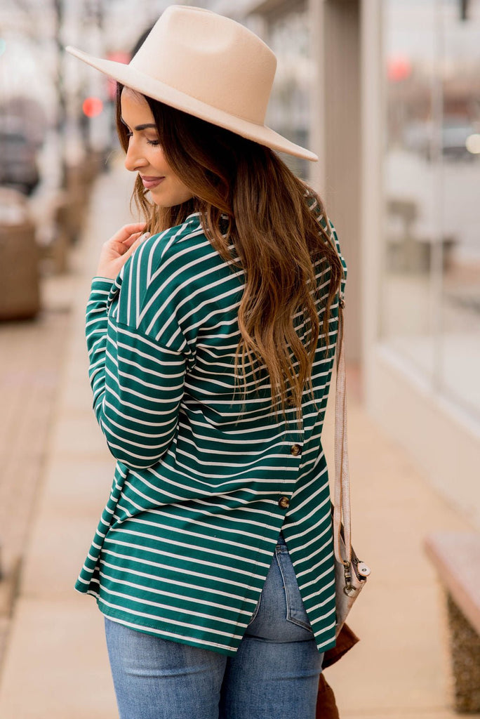 Striped Button Back Slit Tee - Betsey's Boutique Shop