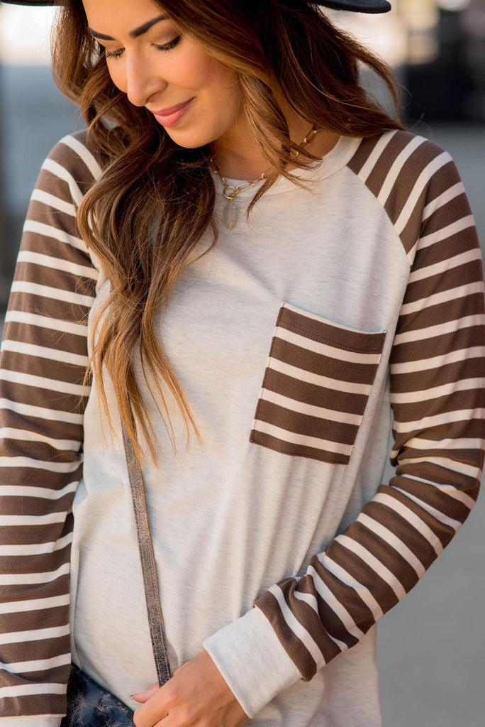 Striped Sleeve Pocket Sweatshirt - Betsey's Boutique Shop - Shirts & Tops