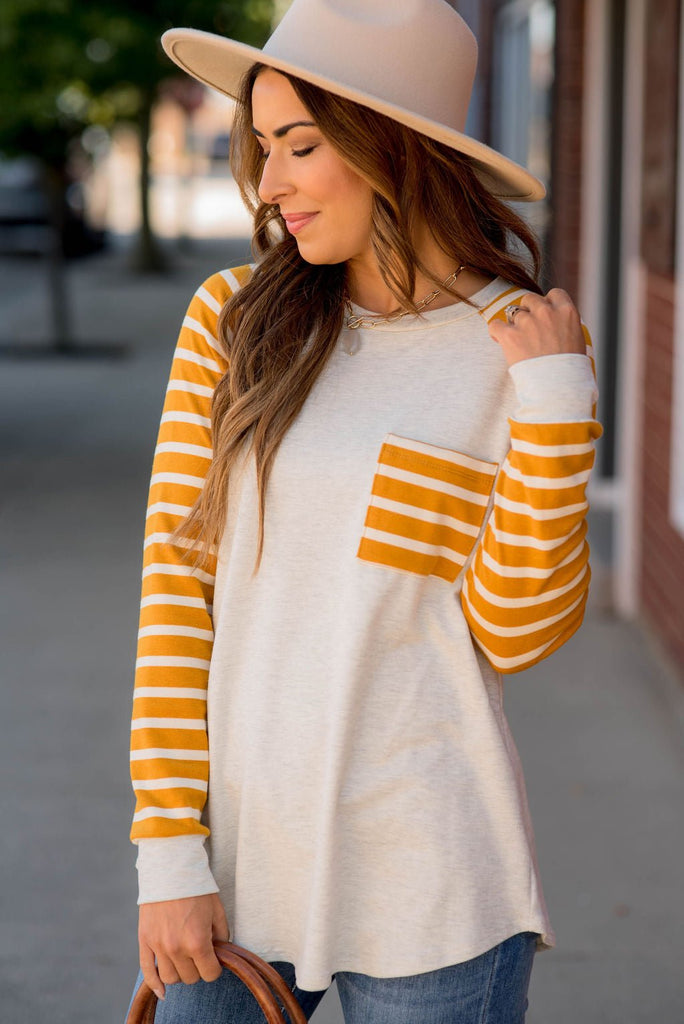 Striped Sleeve Pocket Sweatshirt - Betsey's Boutique Shop - Shirts & Tops