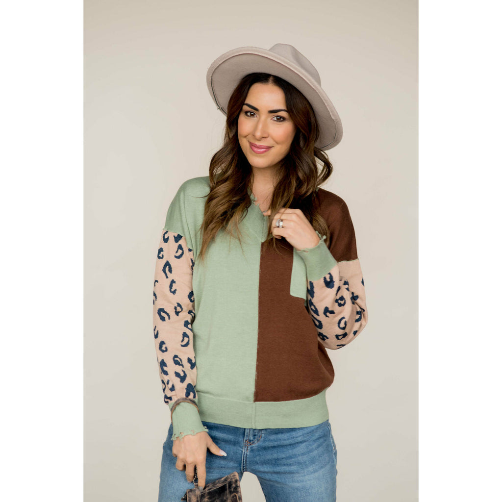 Cheetah Sleeve Dual Color Sweater - Betsey's Boutique Shop