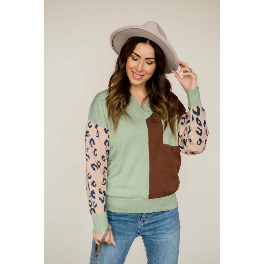 Cheetah Sleeve Dual Color Sweater - Betsey's Boutique Shop