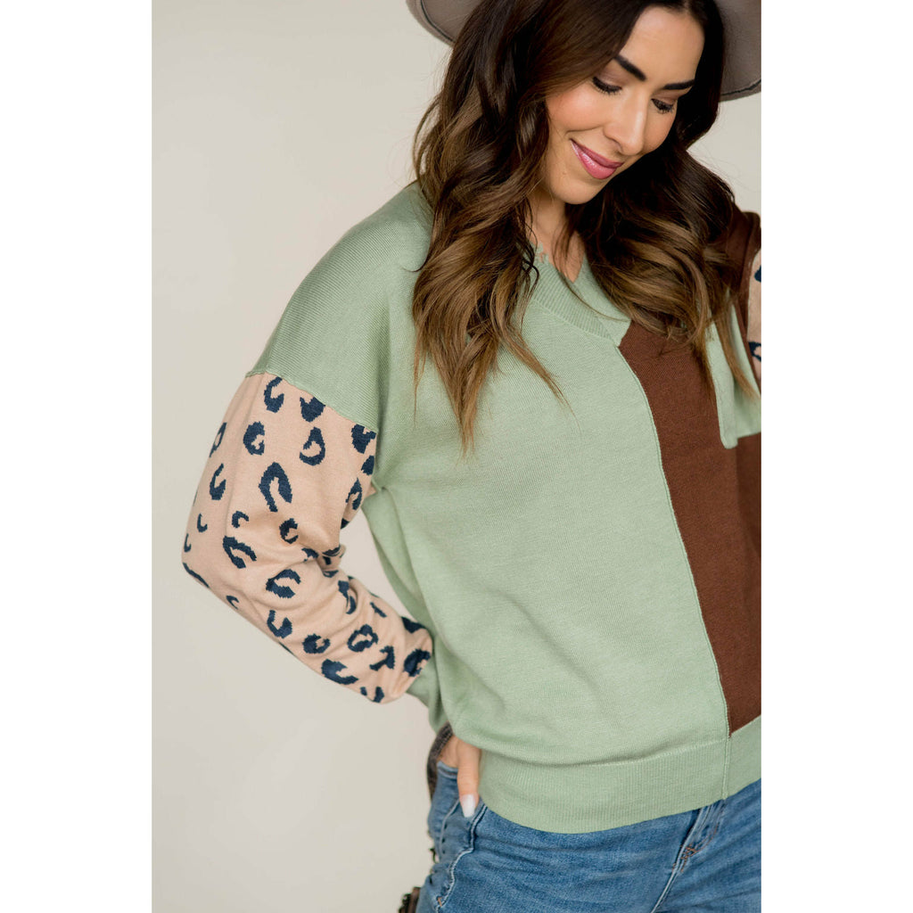 Cheetah Sleeve Dual Color Sweater - Betsey's Boutique Shop