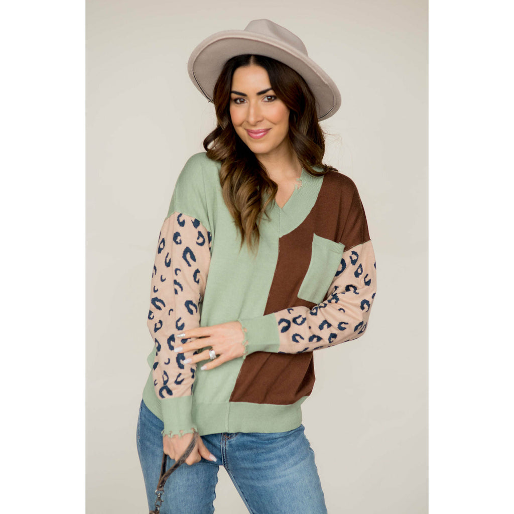 Cheetah Sleeve Dual Color Sweater - Betsey's Boutique Shop