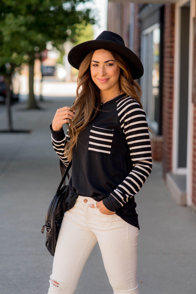 Striped Sleeve Pocket Sweatshirt - Betsey's Boutique Shop - Shirts & Tops