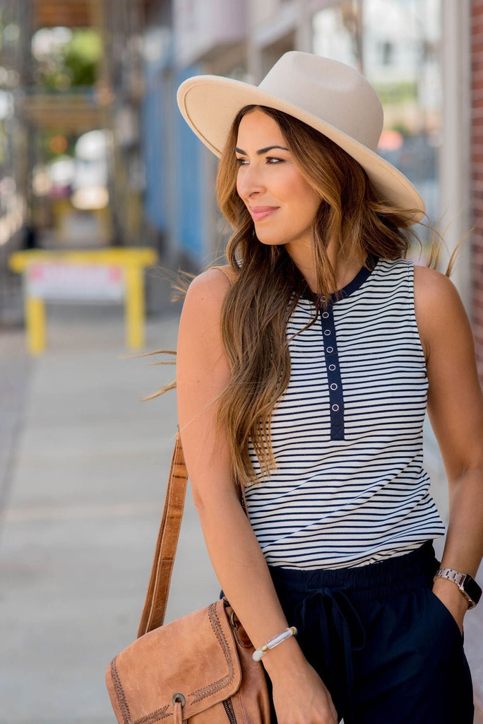 Ribbed Striped Button Accent Tank - Betsey's Boutique Shop