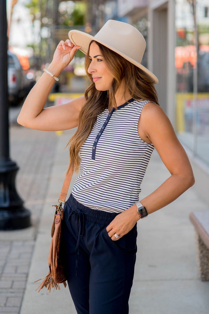 Ribbed Striped Button Accent Tank - Betsey's Boutique Shop