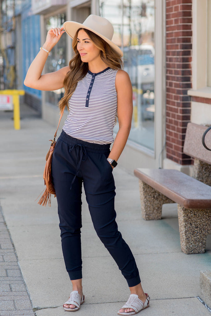 Ribbed Striped Button Accent Tank - Betsey's Boutique Shop