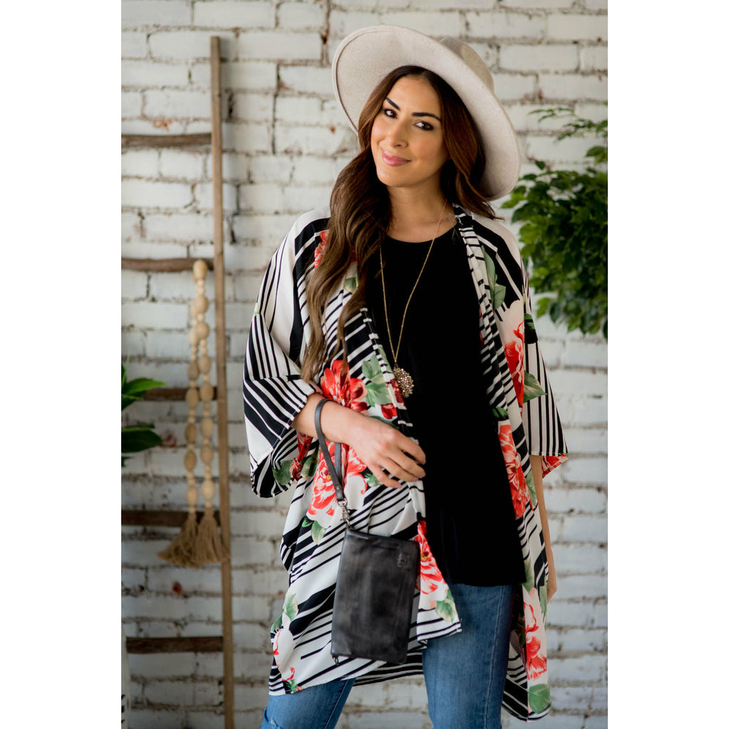 Multi Striped Floral Kimono - Betsey's Boutique Shop