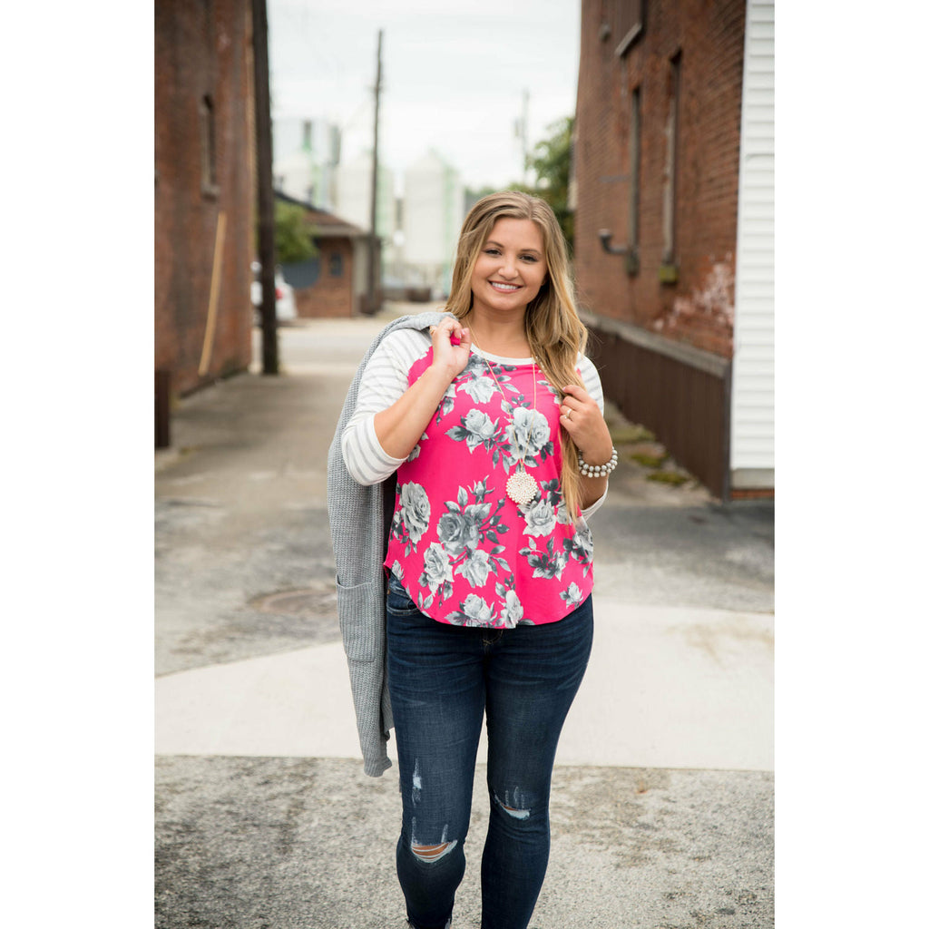 Hot Pink Floral Baseball Tee - Betsey's Boutique Shop