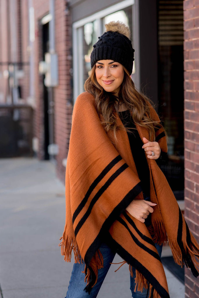 Dual Striped Fringe Accents Poncho - Betsey's Boutique Shop -