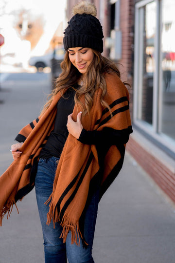 Dual Striped Fringe Accents Poncho - Betsey's Boutique Shop -