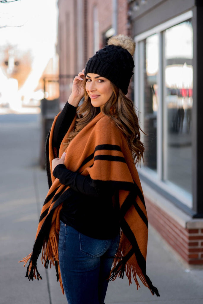 Dual Striped Fringe Accents Poncho - Betsey's Boutique Shop -