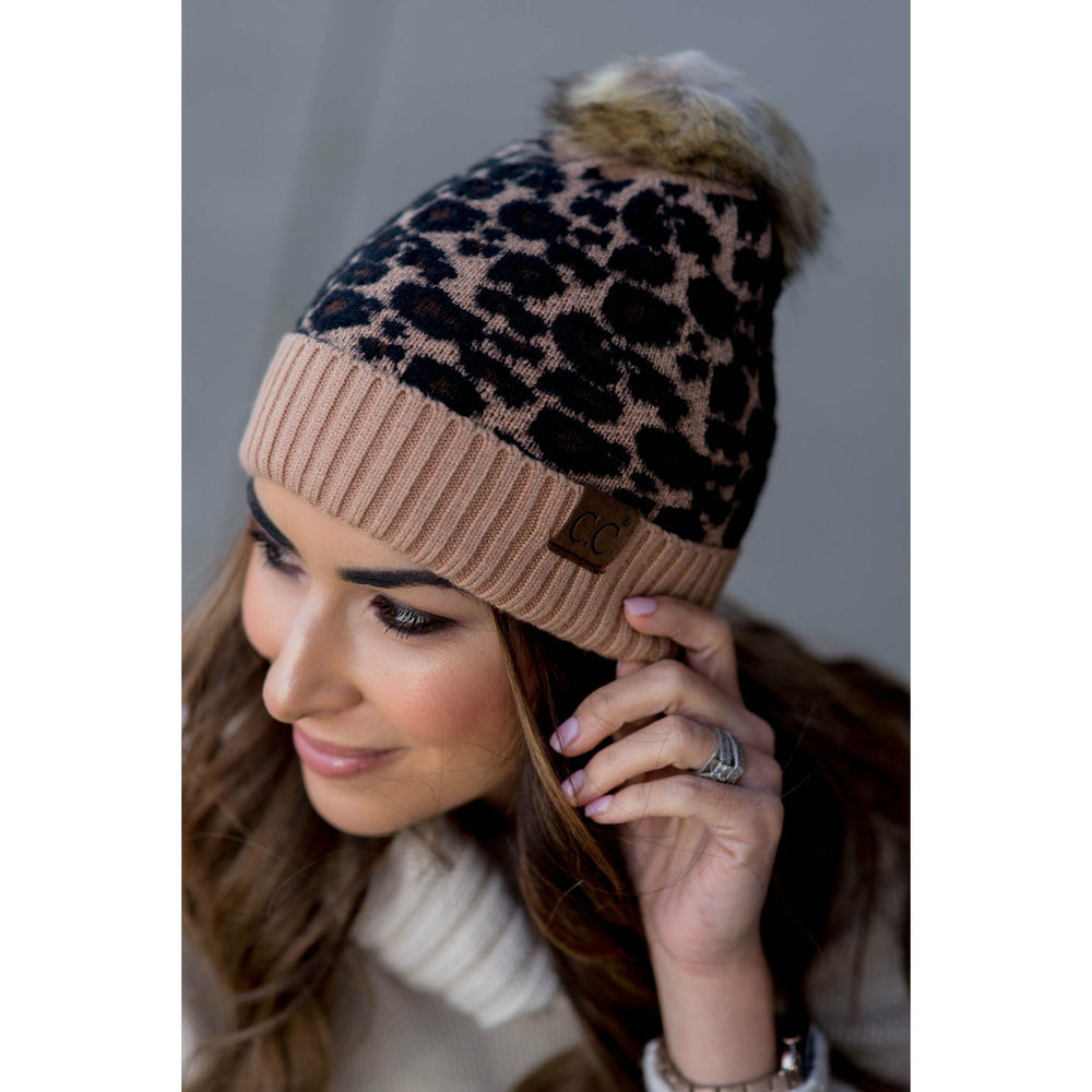 Single Leopard Print Pom Beanie Burgundy by Betsey's Boutique