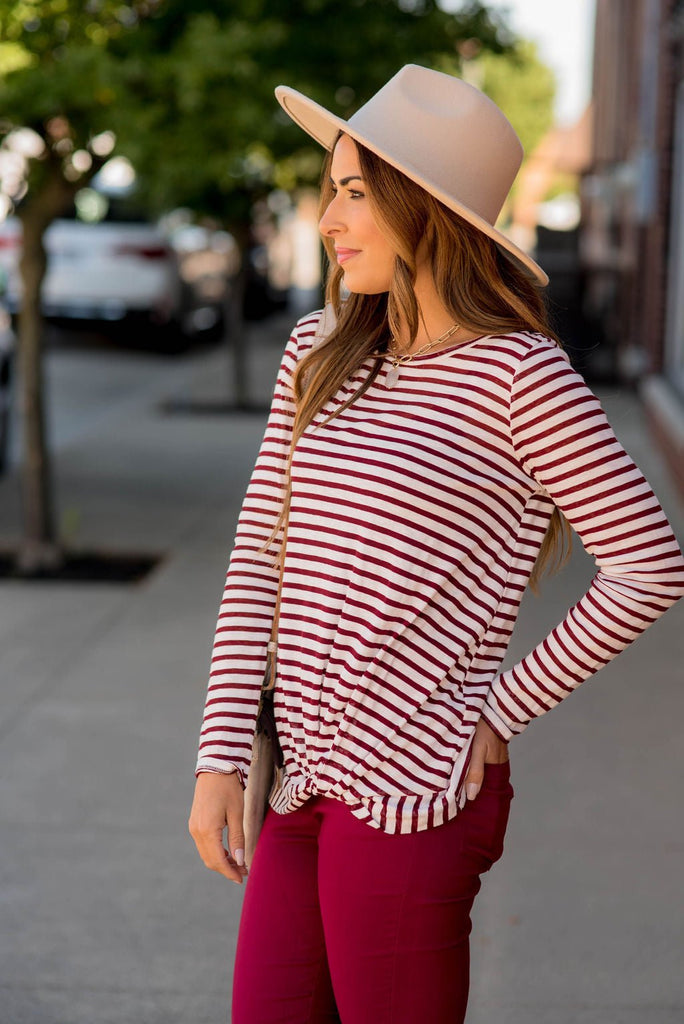 Striped Side Knot Long Sleeve Tee - Betsey's Boutique Shop