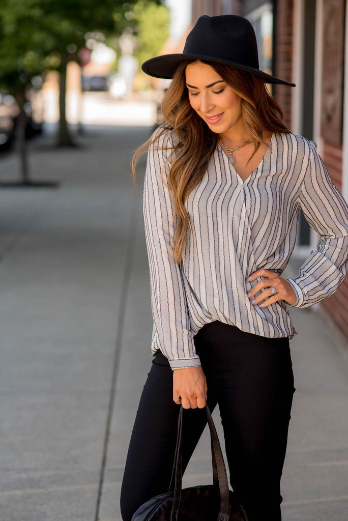 Vertical Stripe V-Neck Wrap Blouse - Betsey's Boutique Shop