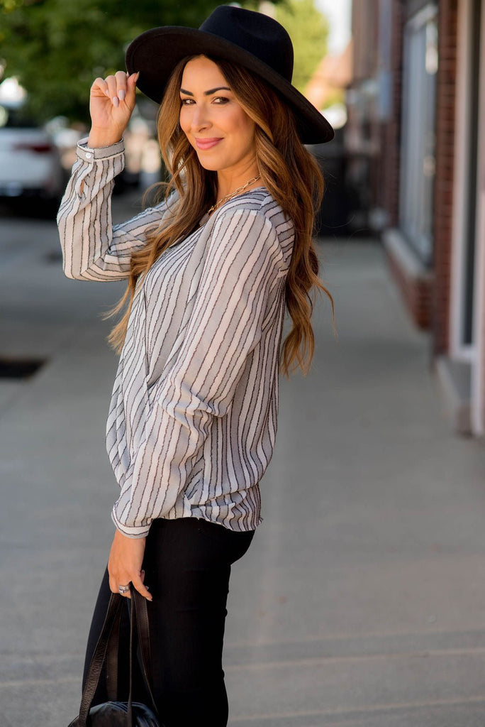 Vertical Stripe V-Neck Wrap Blouse - Betsey's Boutique Shop