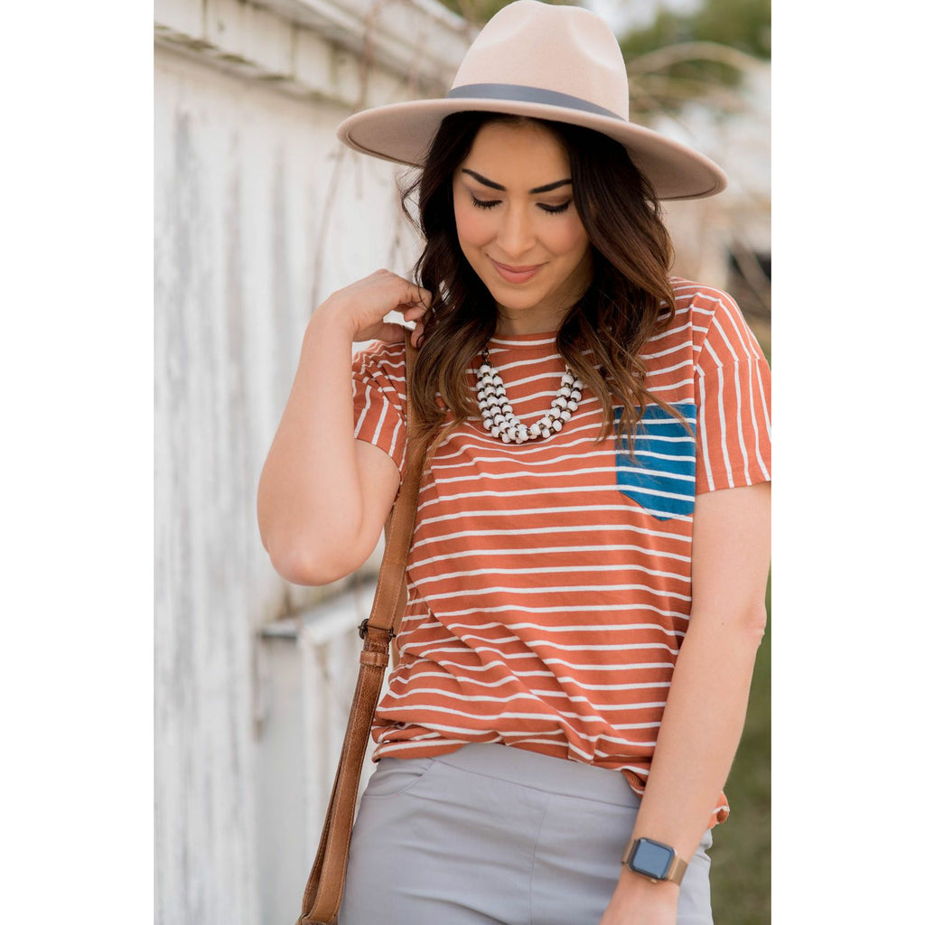 Contrasting Striped Pocket Tee - Betsey's Boutique Shop