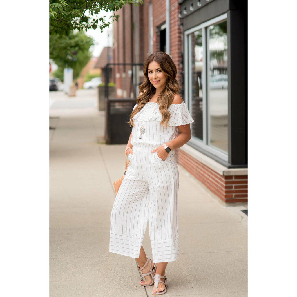 Off Shoulder Vertical Striped Jumpsuit - Betsey's Boutique Shop