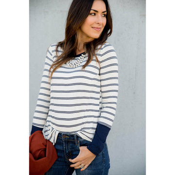 Solid Trimmed Dual Striped Long Sleeve Tee - Betsey's Boutique Shop