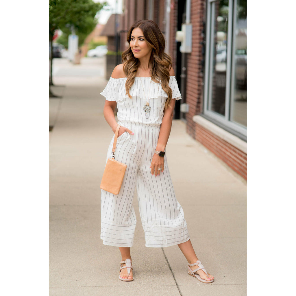 Off Shoulder Vertical Striped Jumpsuit - Betsey's Boutique Shop