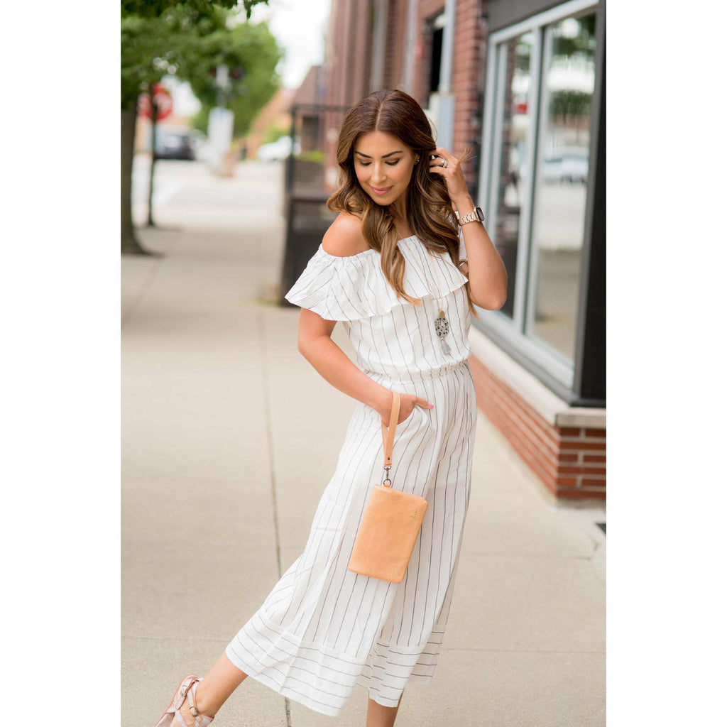 Off Shoulder Vertical Striped Jumpsuit - Betsey's Boutique Shop