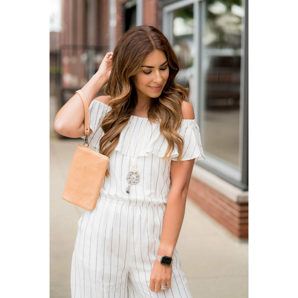 Off Shoulder Vertical Striped Jumpsuit - Betsey's Boutique Shop