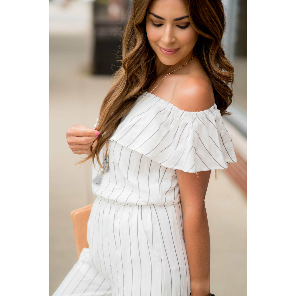 Off Shoulder Vertical Striped Jumpsuit - Betsey's Boutique Shop