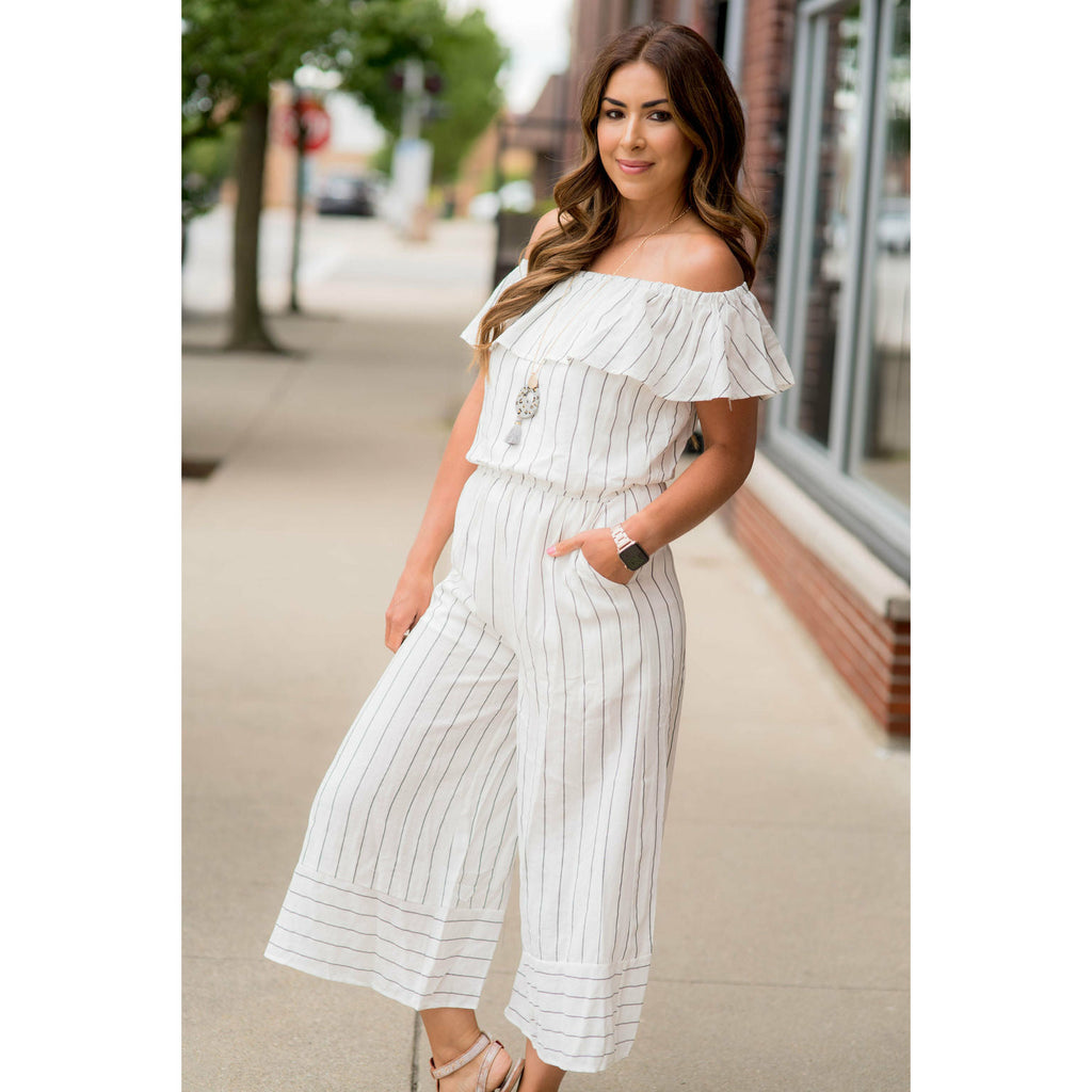 Off Shoulder Vertical Striped Jumpsuit - Betsey's Boutique Shop