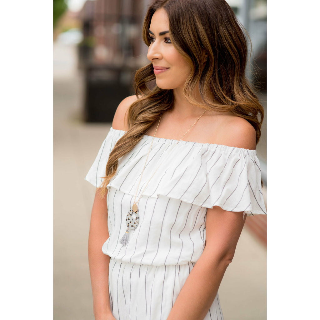 Off Shoulder Vertical Striped Jumpsuit - Betsey's Boutique Shop