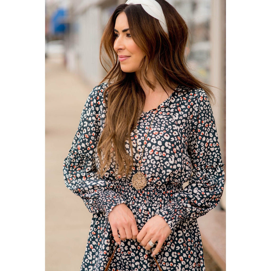 Long Sleeve Hint of Color Leopard Dress - Betsey's Boutique Shop