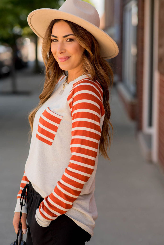 Striped Sleeve Pocket Sweatshirt - Betsey's Boutique Shop - Shirts & Tops