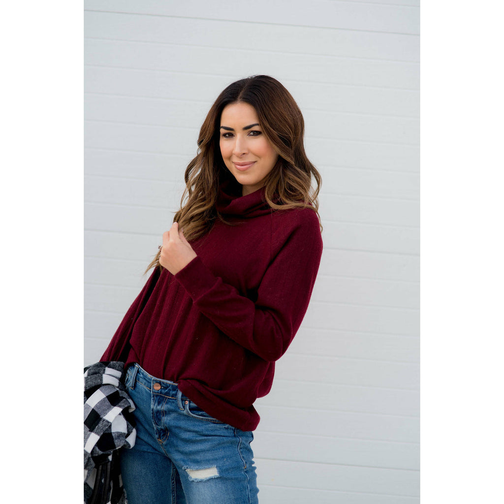 Ribbed Cowl Neck Long Sleeve Sweater Tee - Betsey's Boutique Shop