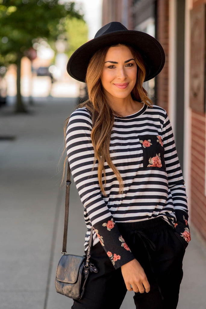 Black Striped Floral Accent Long Sleeve Tee - Betsey's Boutique Shop