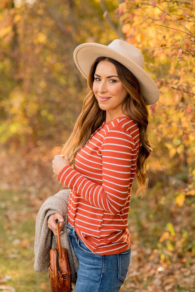 Thermal Button Top Striped Tee - Betsey's Boutique Shop - Shirts & Tops