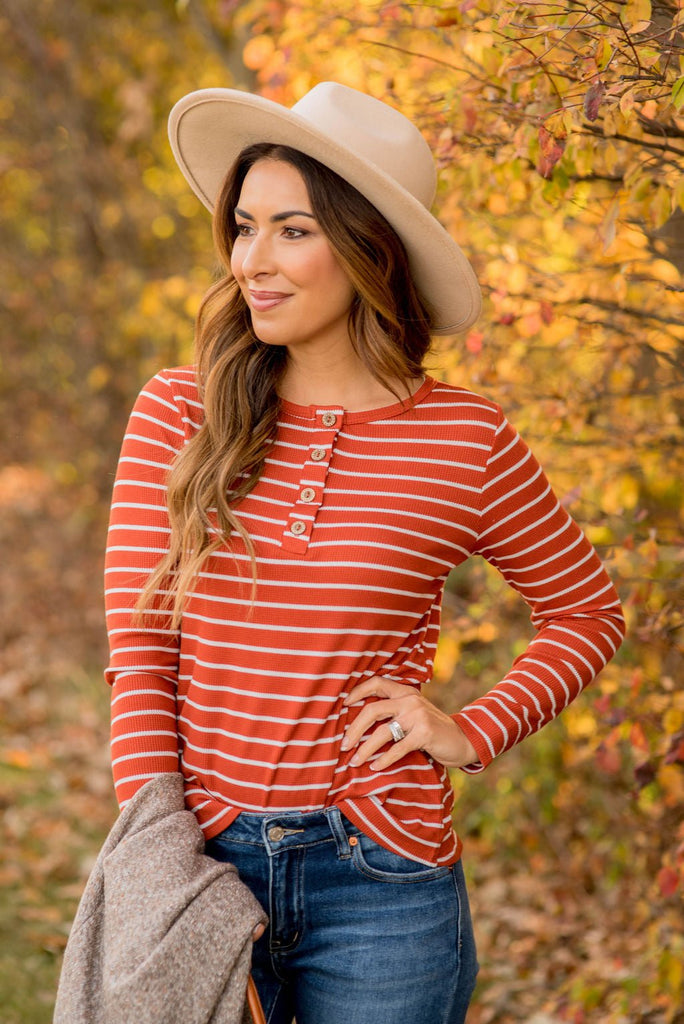 Thermal Button Top Striped Tee - Betsey's Boutique Shop - Shirts & Tops