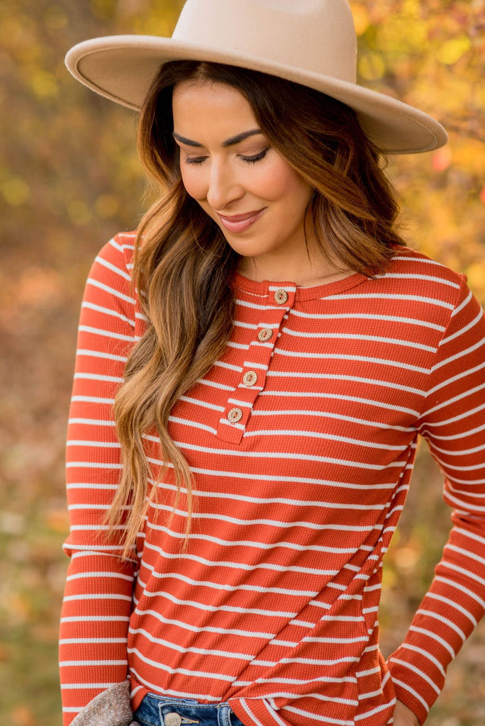 Thermal Button Top Striped Tee - Betsey's Boutique Shop - Shirts & Tops