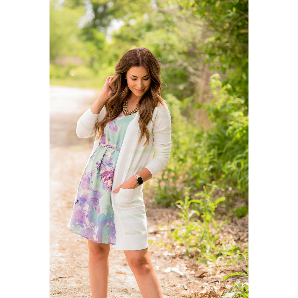 Striped Butter Soft Tunic Cardigan-White - Betsey's Boutique Shop