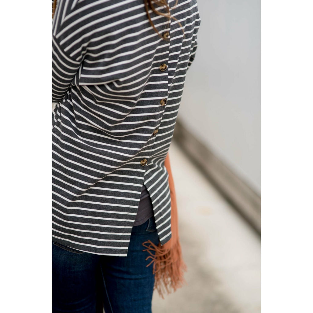 Striped Button Back Slit Tee - Betsey's Boutique Shop