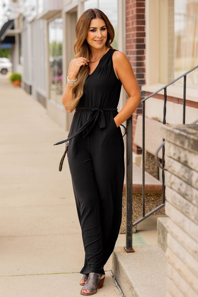 Tie Waist V Jumpsuit - Betsey's Boutique Shop -